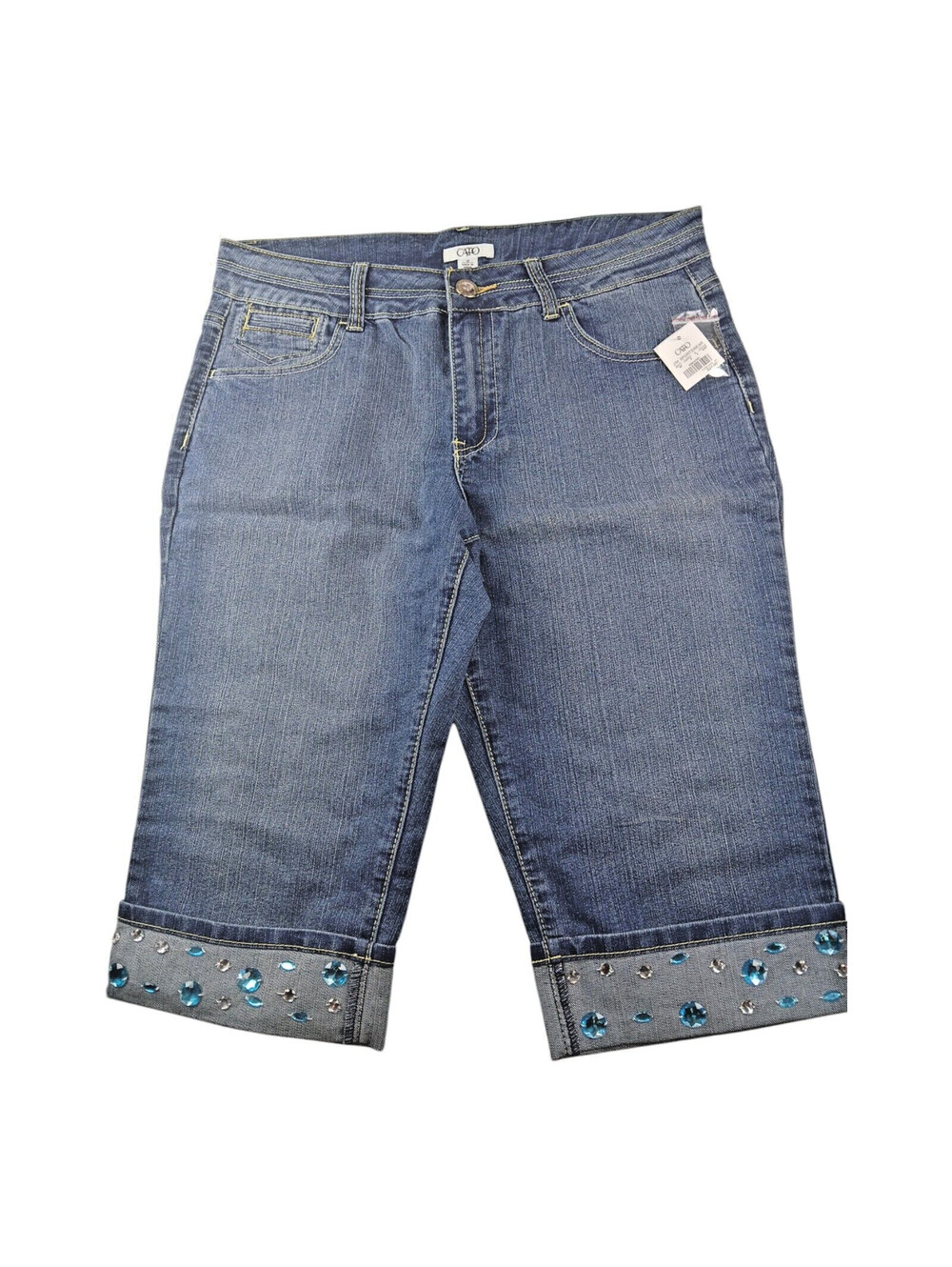 New Cato Denim CAPRI Cropped Embellished Rhinestone Cuff Hem Womens Pants Sz 12